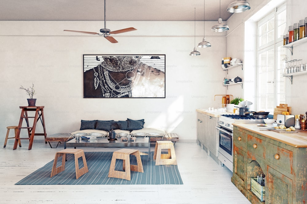 Modern design  kitchen interior. 3d rendering concept
