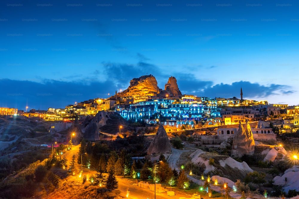 Uchisar Castle at night in Cappadocia, Turkey.