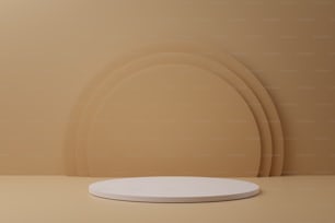 베이지색 파스텔 배경에 밝은 원형 연단의 3d 렌더링. 둥근 받침대가 있는 추상적인 배경. 제품을 보여주기 위한 빈 무대