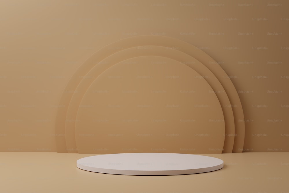 ベージュのパステルカラーの背景に光の円の表彰台の3Dレンダリング。丸い台座の抽象的な背景。製品を表示するための空のステージ