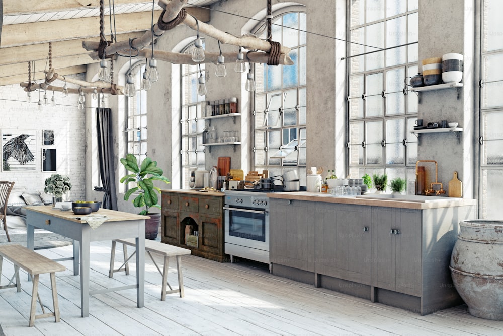 Attic loft kitchen interior. 3d rendering concept