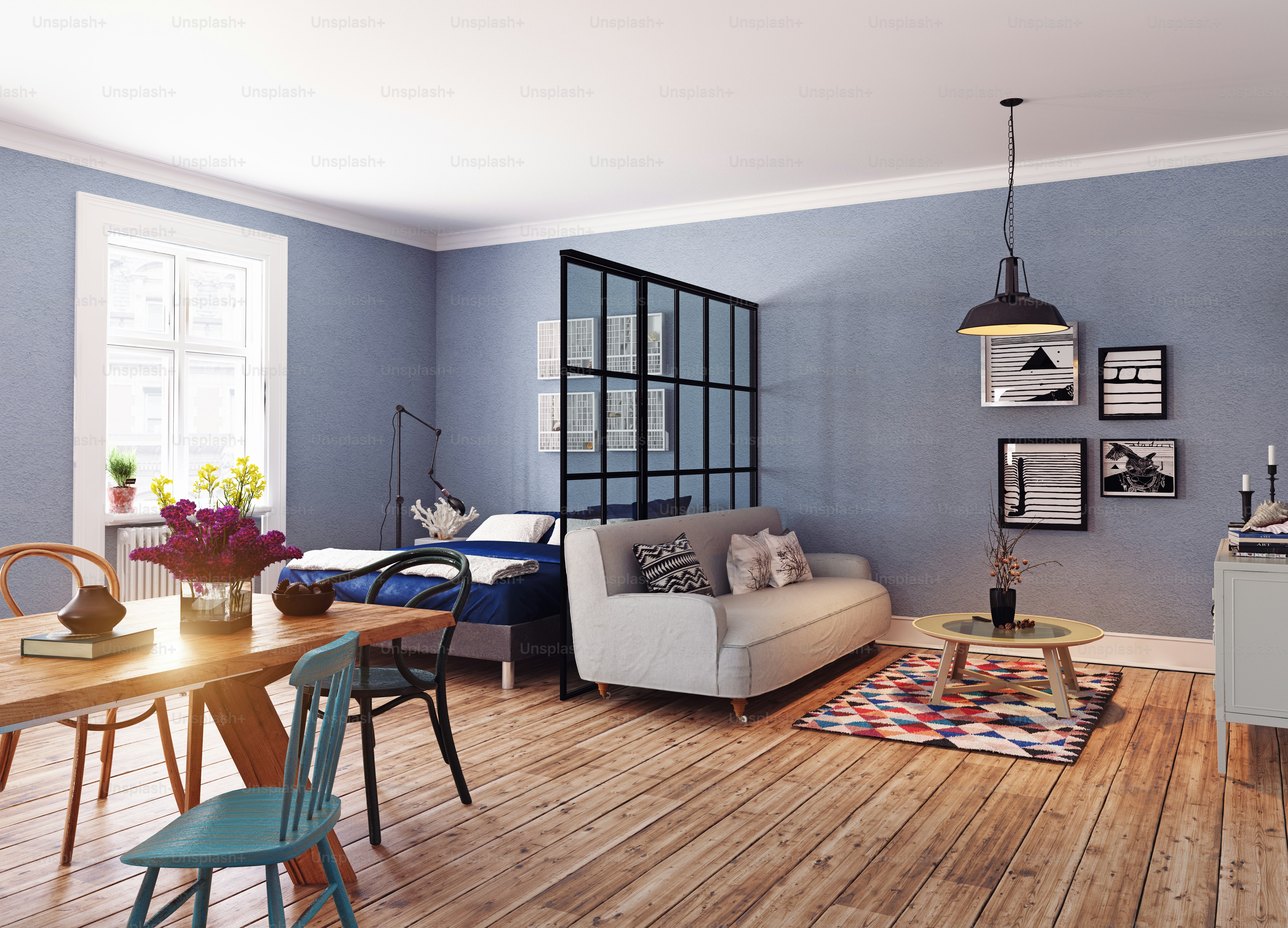 Moderne Wohnung. Skandinavischer Designstil. 3D-Rendering-Illustrationskonzept