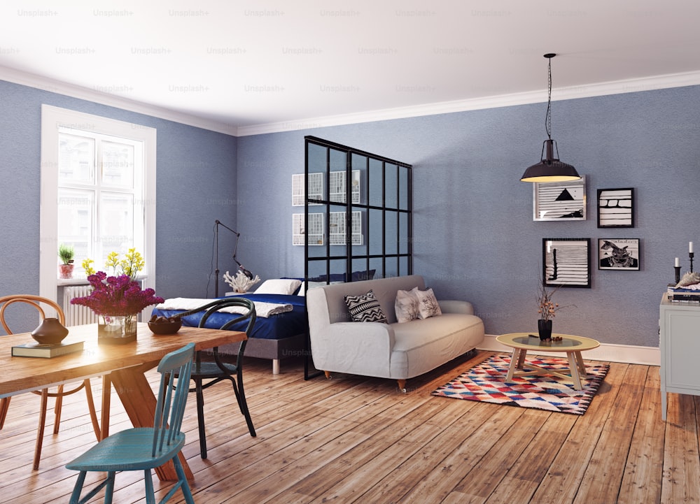 Modern apartment. Scandinavian design style. 3d rendering illustration concept