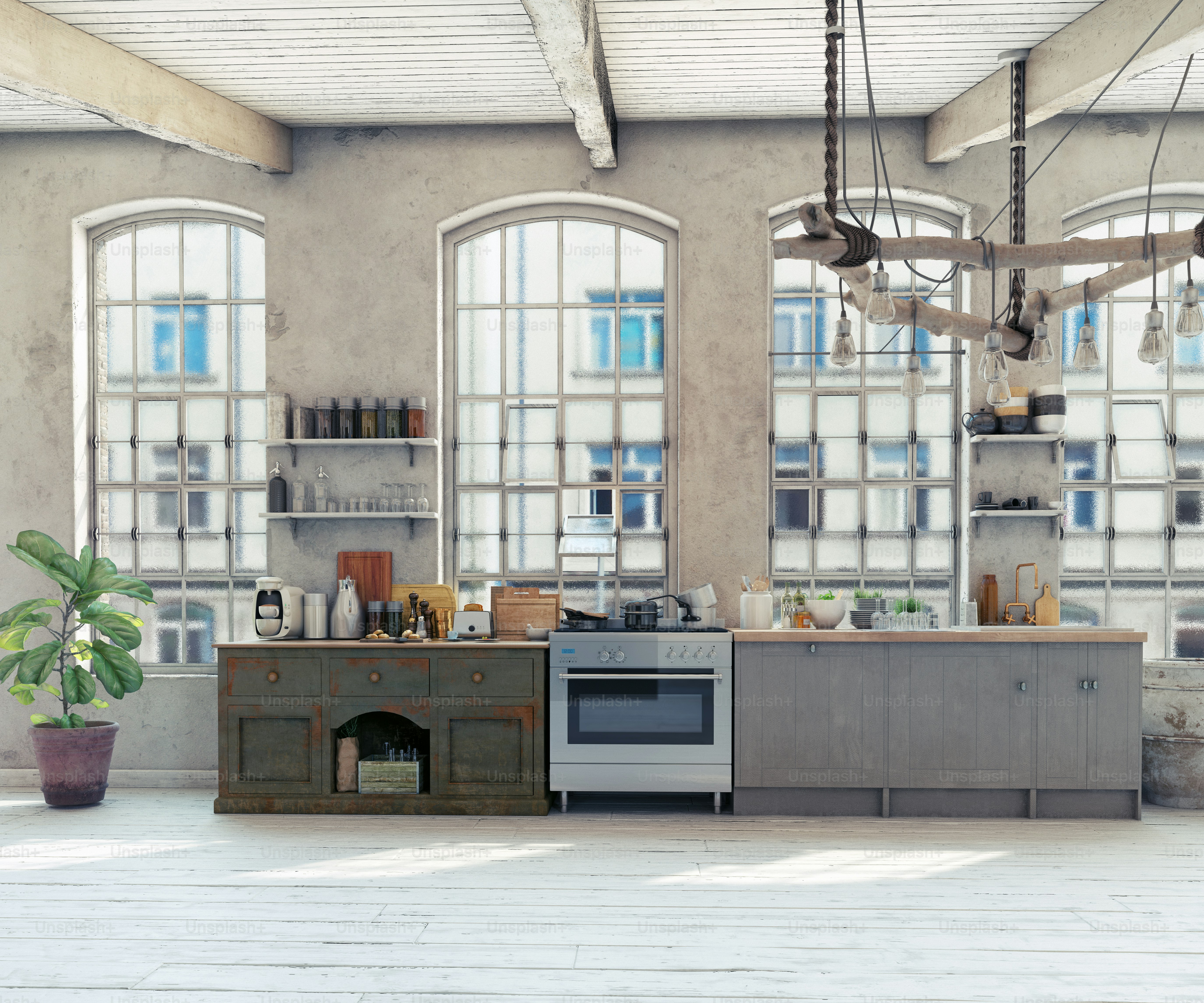 Attic loft kitchen interior. 3d rendering concept