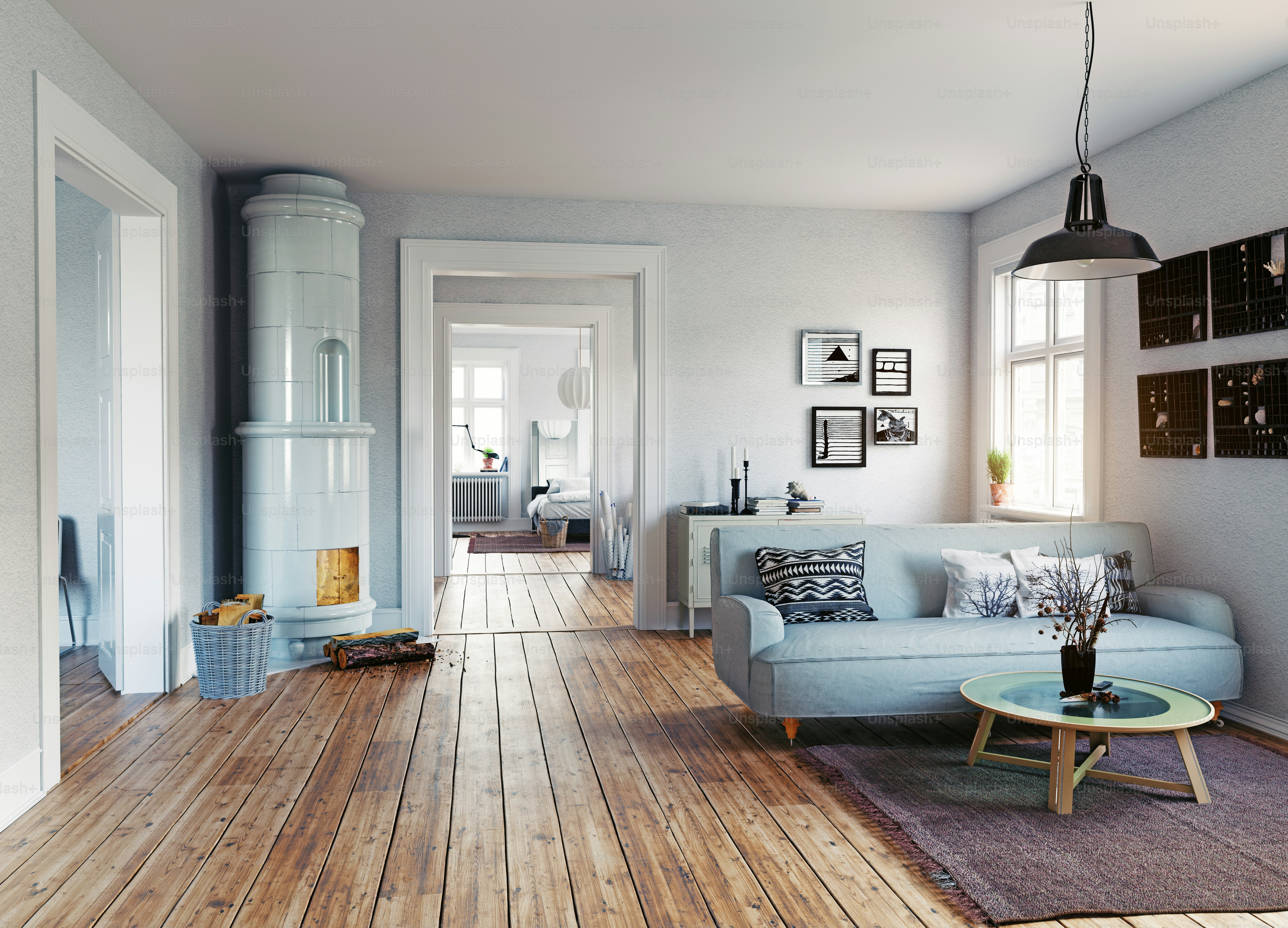 Das moderne Interieur. Skandinavischer Designstil. 3D-Rendering-Illustrationskonzept