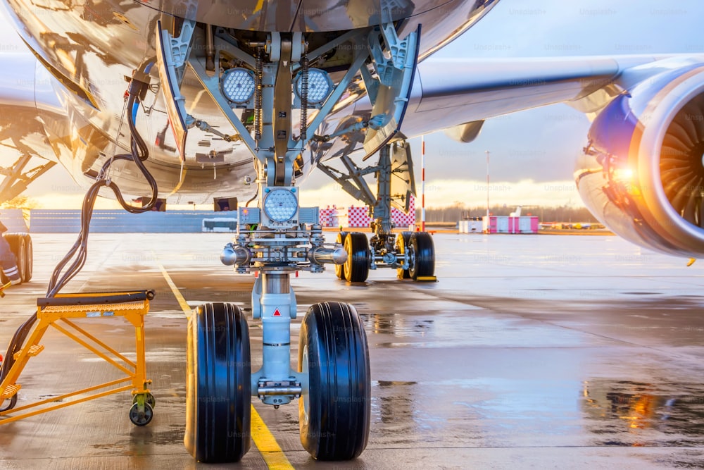 Front landing gear landing lights and connected ground power under the fuselage of the aircraft