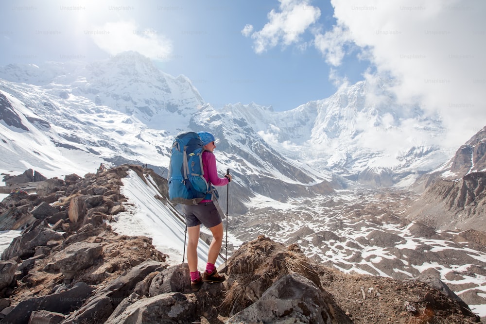 Trekker on the way to Annapurna base camp, Nepal