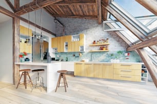 Modernes Dachgeschoss Küche Interieur. 3D-Rendering-Konzept