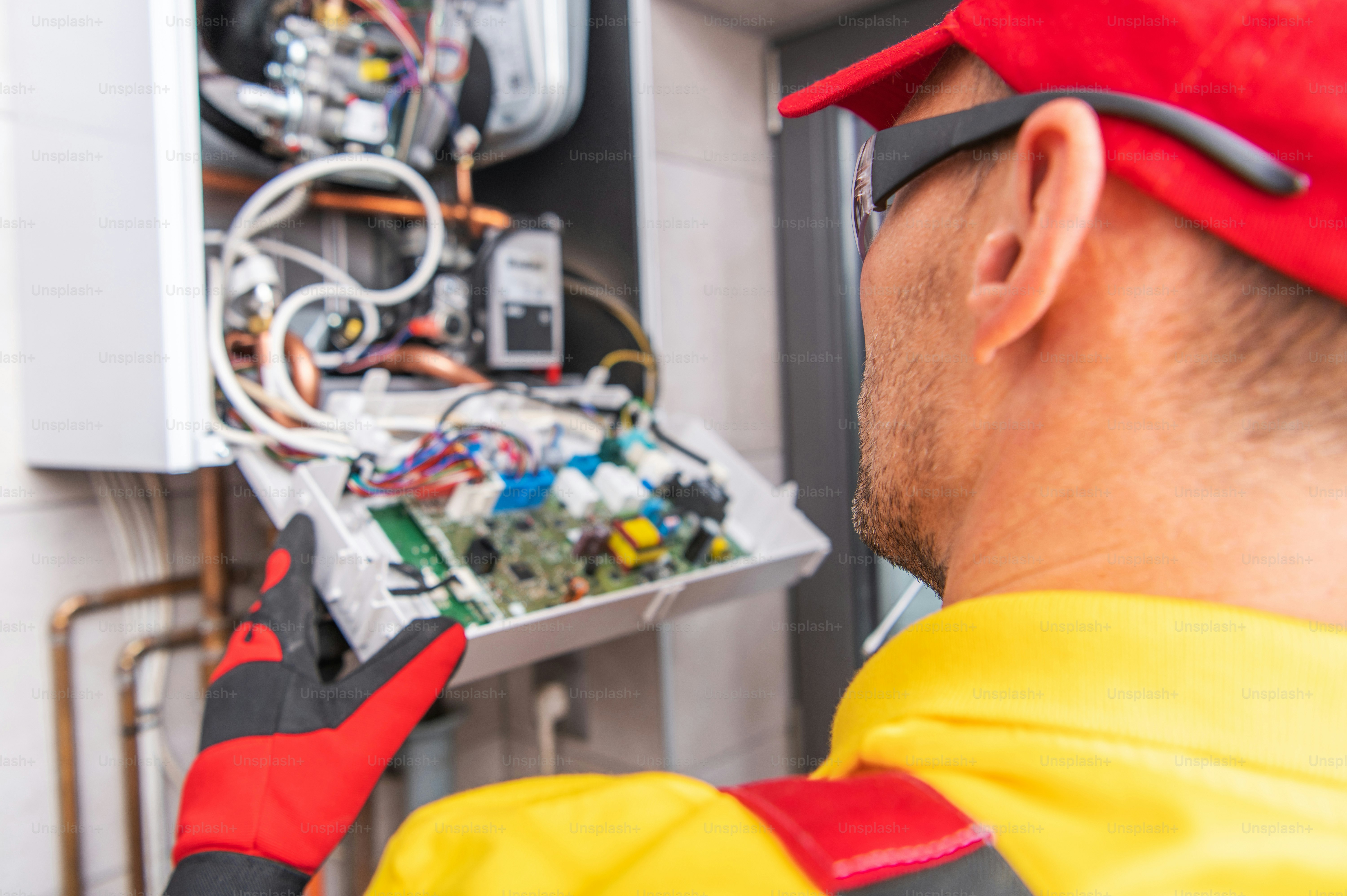 Modern Central Gas Heater Electronics Repair. Caucasian HVAC Technician Looking Inside the Heater. Industrial Theme.