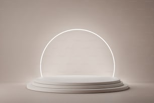 Renderizado 3D del podio del círculo de luz sobre fondo beige con línea de luz brillante. Fondo abstracto con pedestal redondo. Etapa vacía para mostrar el producto