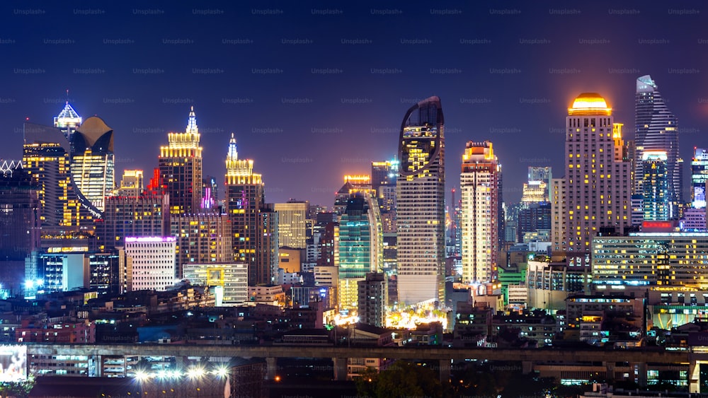 Cityscape at night in Bangkok, Thailand.
