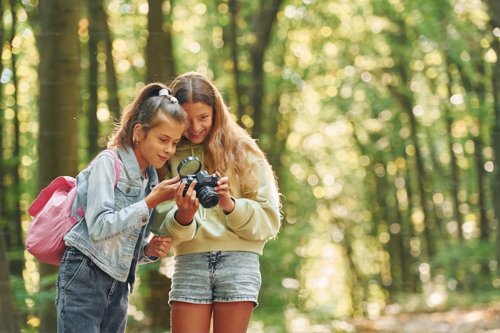 Two friends. Kids in green forest at summer daytime together.