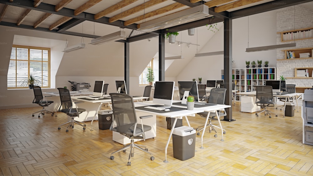 Interior de oficina contemporáneo. Concepto de diseño de renderizado 3D