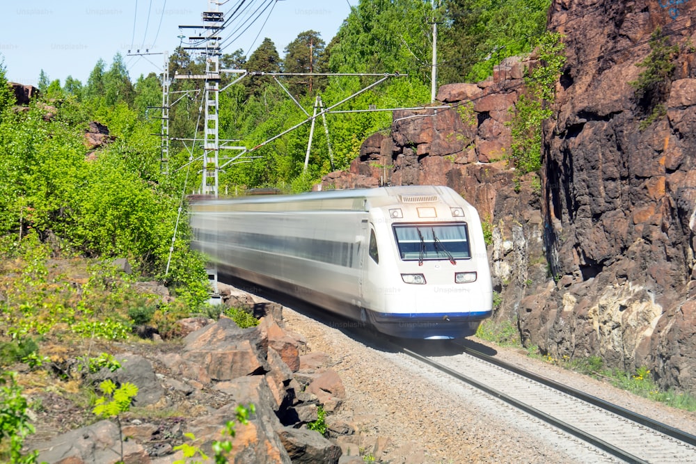 High-speed electric train rushes through a canyon in a mountainous rocky area