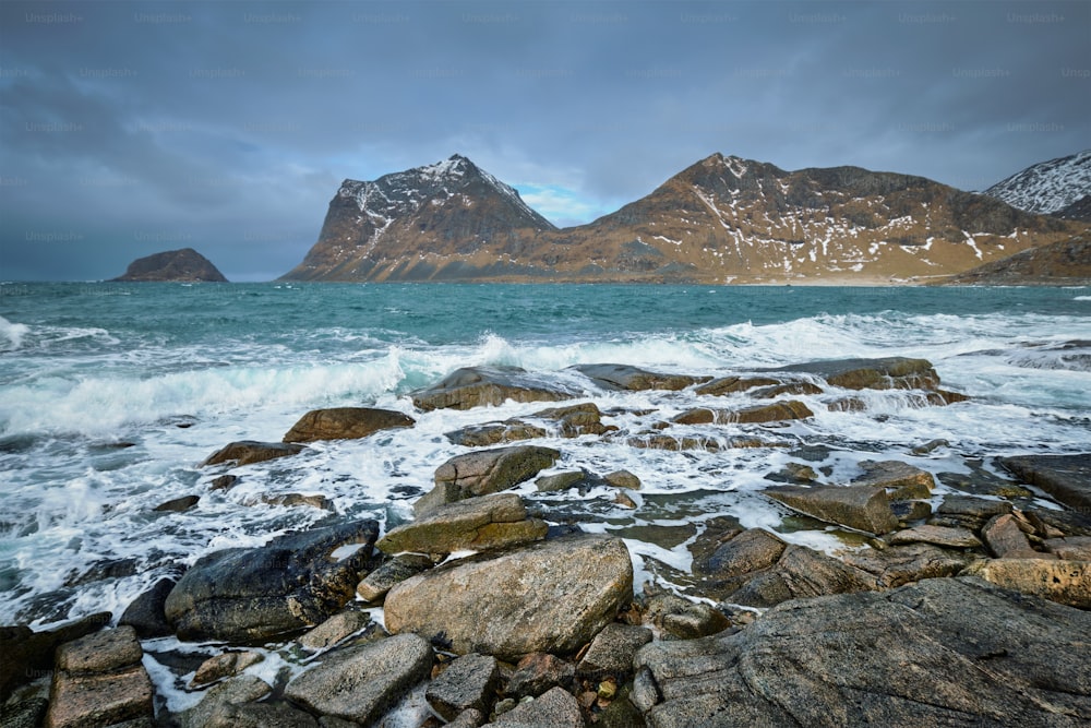Côte rocheuse du fjord de la mer de Norvège en hiver. Îles Lofoten, Norvège