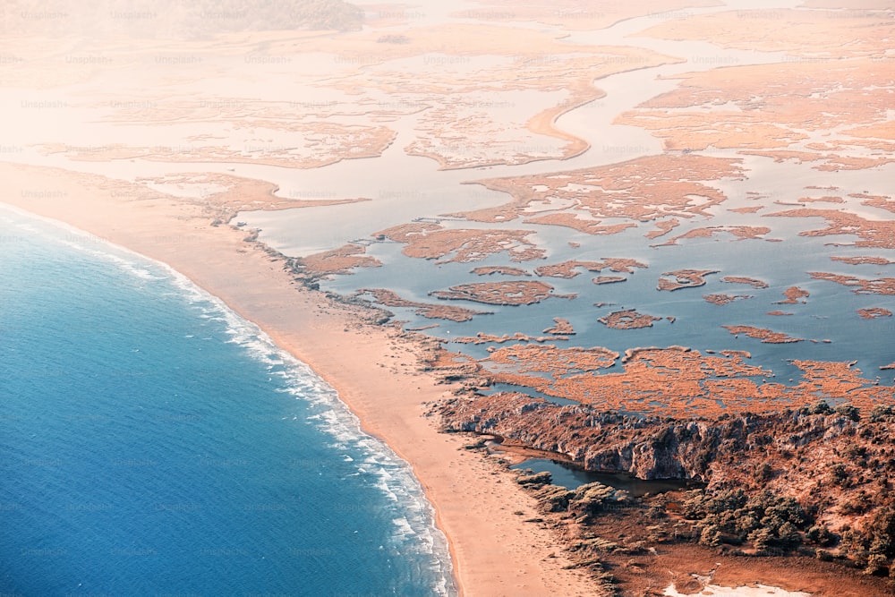 Scenic aerial view of Iztuzu beach and the Dalyan river Delta. Marvellous seaside and coastal landscape. Explore Turkey and nature wonders concept