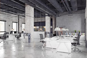Intérieur de bureau loft contemporain. Concept de conception de rendu 3D