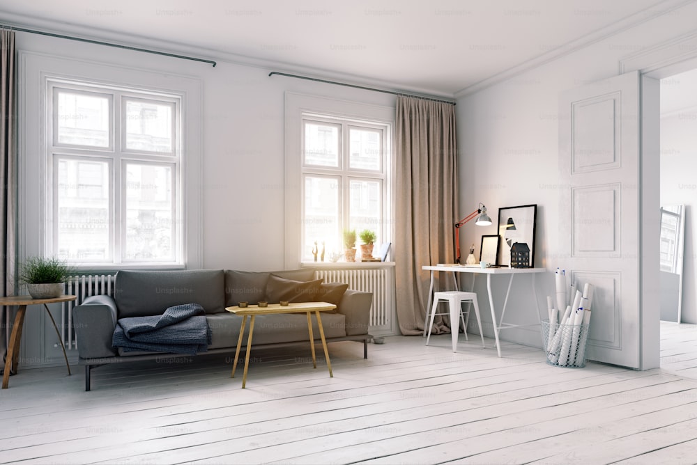 Diseño interior de sala de estar de estilo escandinavo moderno. Concepto de ilustración 3D