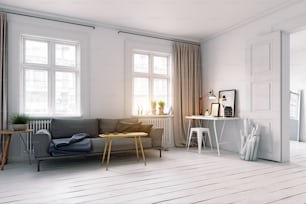Design d'interni del soggiorno in stile scandinavo moderno. concetto di illustrazione 3d