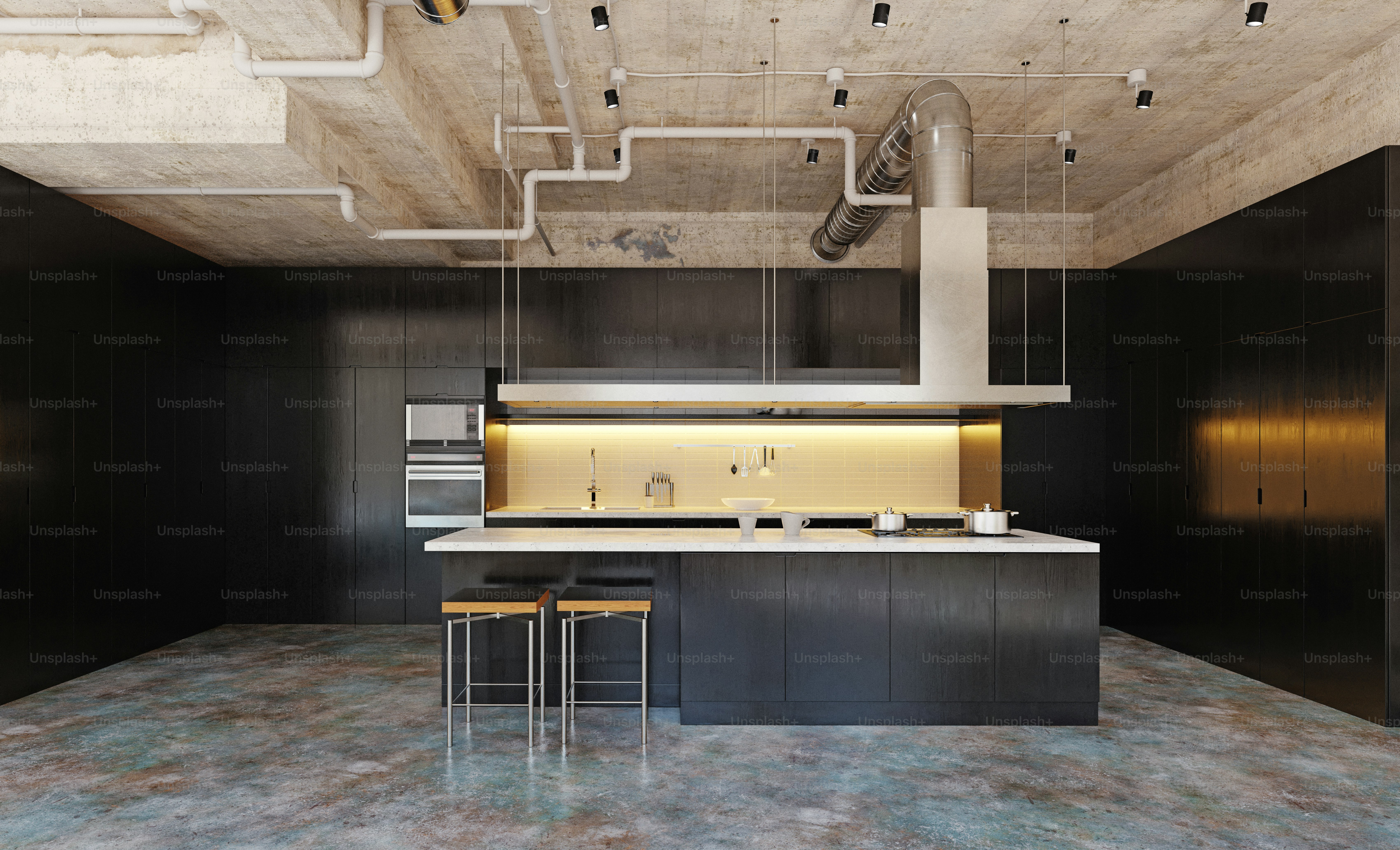 Interior de cocina doméstica moderna. Concepto de diseño de renderizado 3D