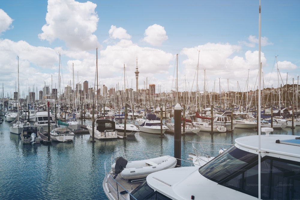 Yacht im Hafen von Auckland mit Skyline der Stadt und Auckland Sky Tower, dem Wahrzeichen von Auckland, Neuseeland.