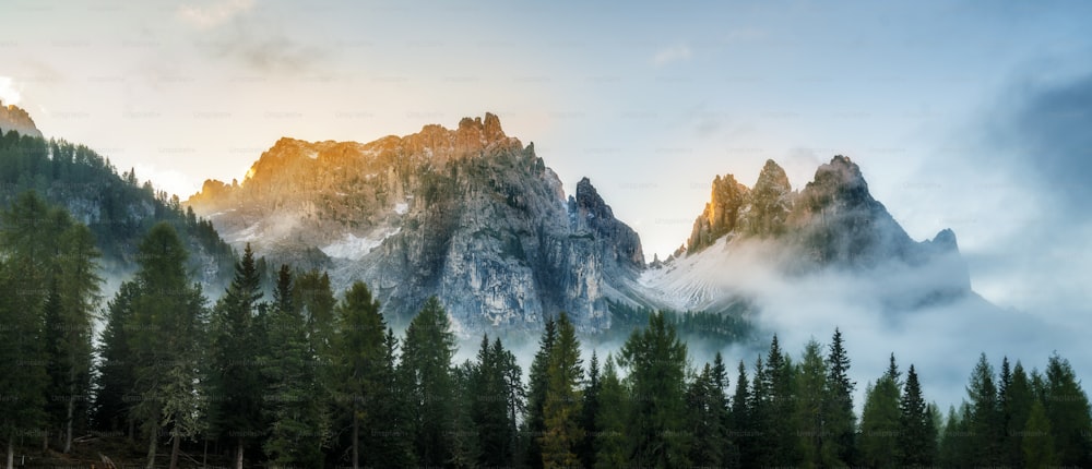 Forest and mountain range landscape in in Eastern Dolomites, Italy Europe. Beautiful nature scenery, hiking activity and scenic travel destination.