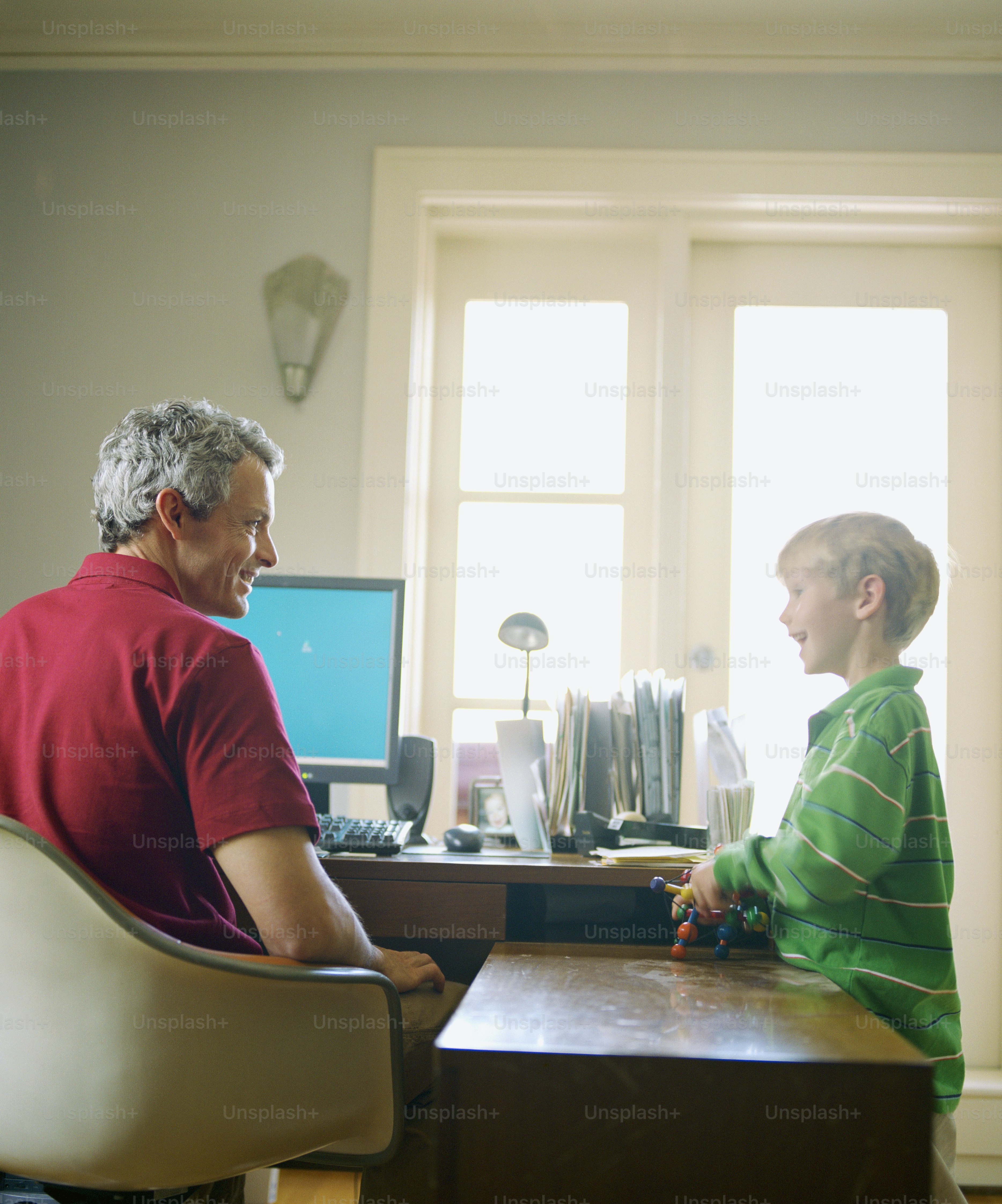 Father and son (6-8) in home office, side view
