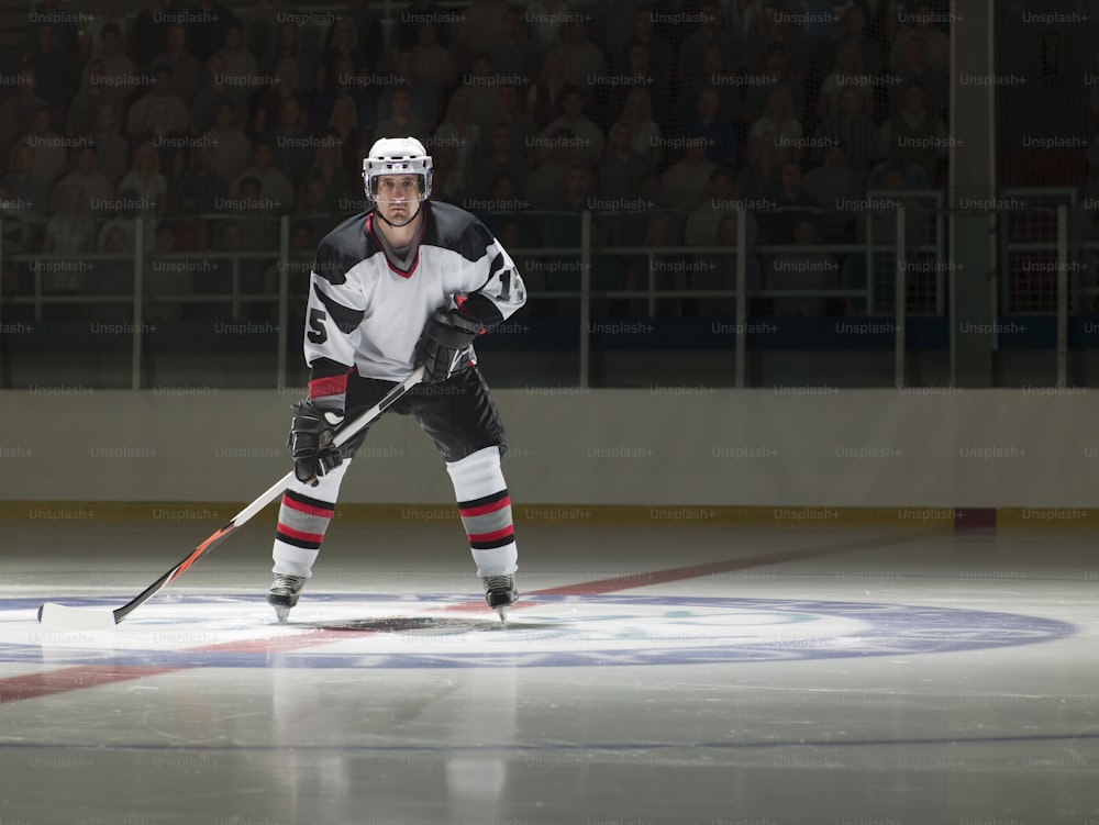 a hockey player on the ice with a stick