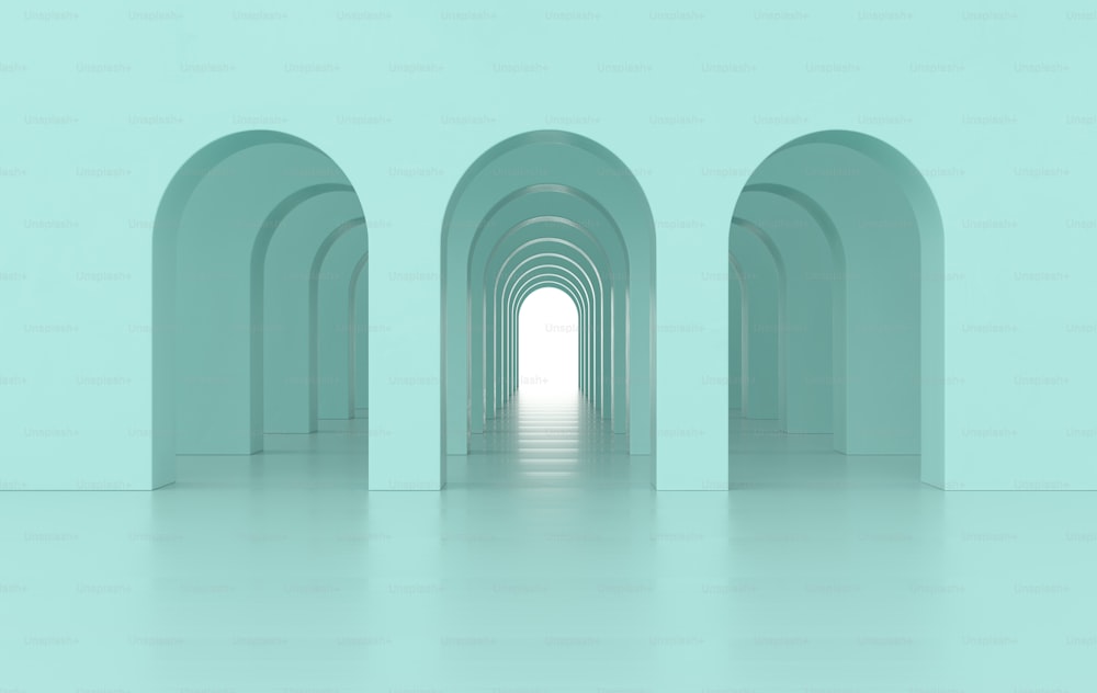 representación 3d Fondo geométrico simple del pasillo del arco, pasillo arquitectónico, portal, columnas de arco dentro de la pared vacía. Concepto mínimo moderno