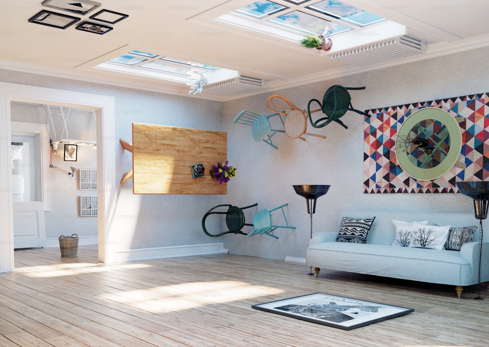 Strange, upside down room interior. 3D illustration creative concept idea