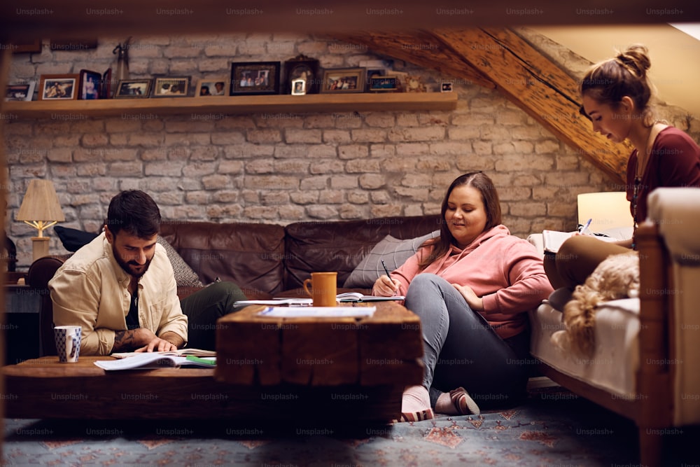 Small group of university friends learning together at home.