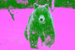 Urso pardo correndo na neve na floresta de inverno. Vista frontal. Nevada. Nome científico: Ursus arctos. Habitat natural. Temporada de inverno.
