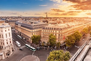 Aerial cityscape view of Paris skyline with Eiffel tower and rooftops. Travel destinations in France