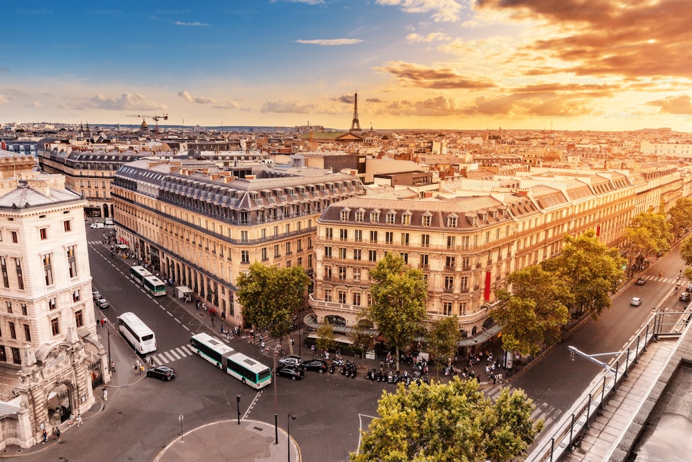 Aerial cityscape view of Paris skyline with Eiffel tower and rooftops. Travel destinations in France