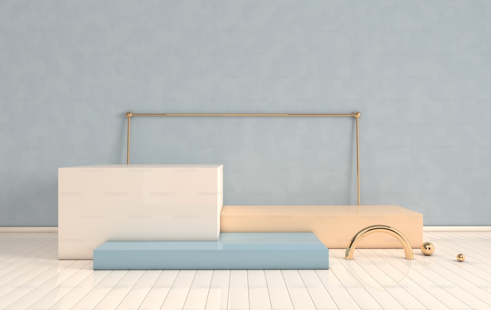 3d rendered interior with geometric shapes, podium on the floor. Set of platforms for product presentation, mock up background. Abstract composition in modern minimal design