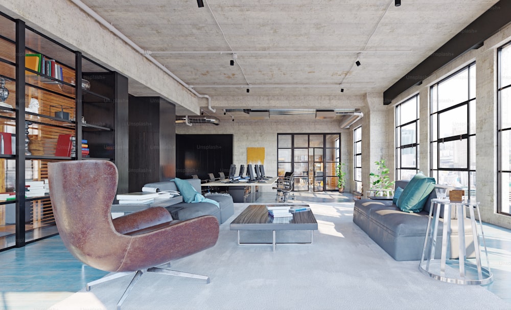 Interior de oficina de loft moderno, diseño de concepto de negocio de renderizado 3D