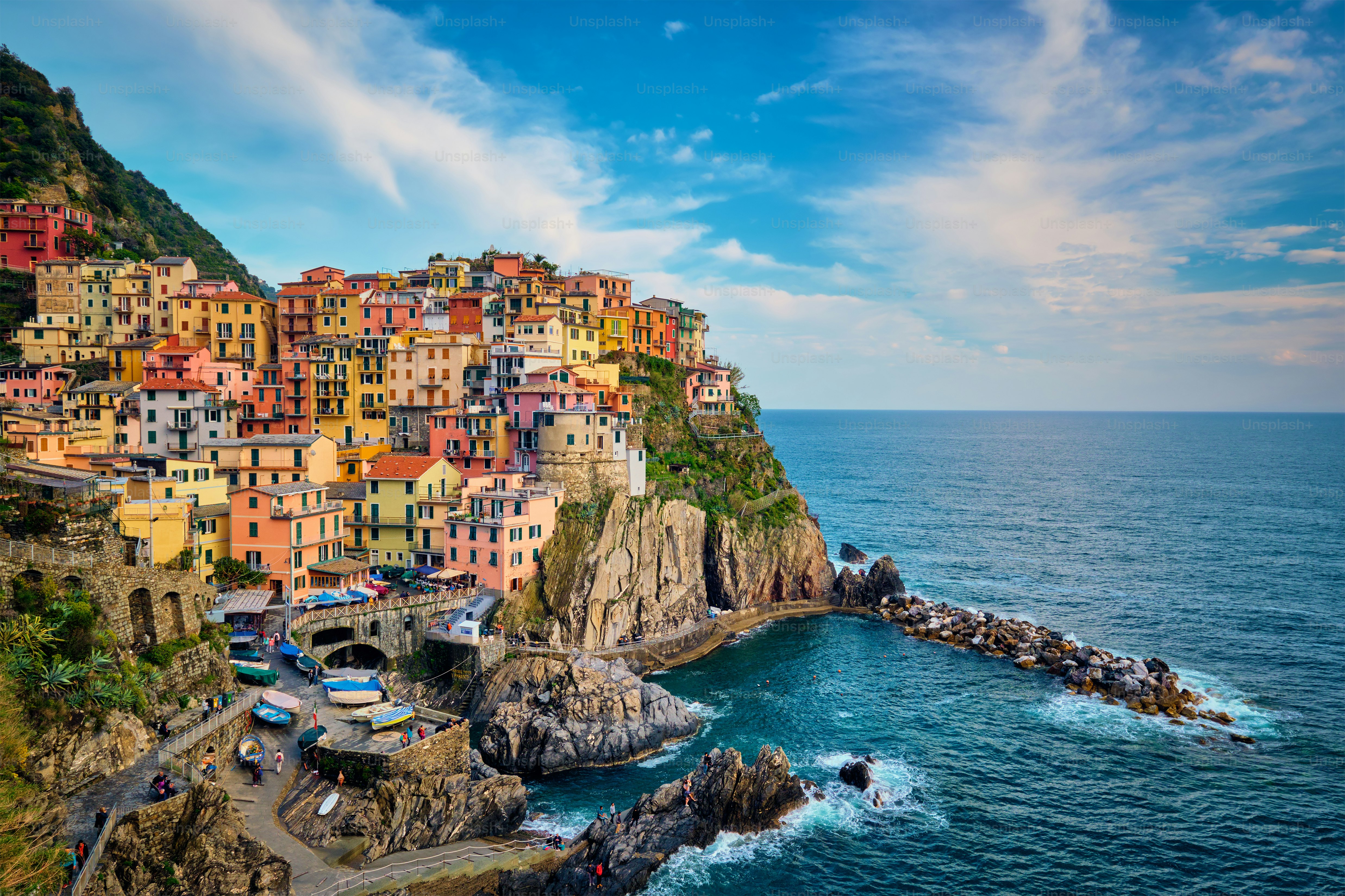 Manarola 마을 친퀘테레 국립공원의 인기 유럽 이탈리아 관광지 유네스코 세계문화유산, 리구리아, 이탈리아 일몰