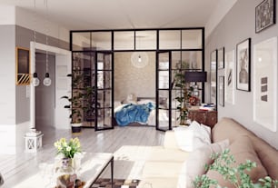 Interior de apartamento moderno. Concepto de mampara de vidrio 3D
