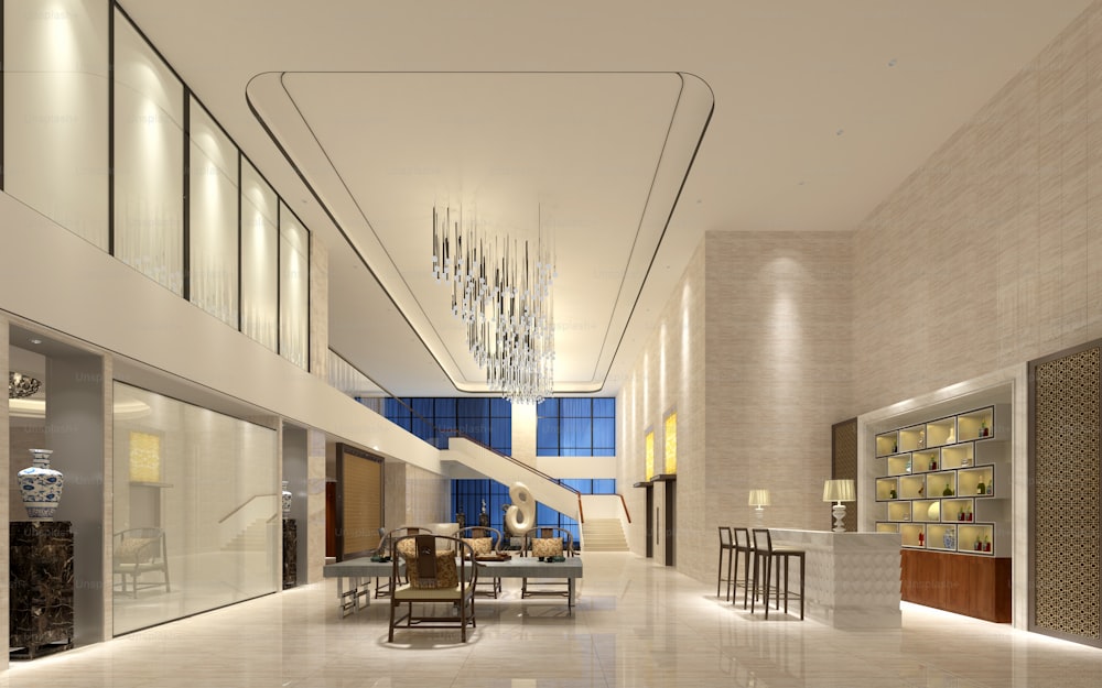 Rendering 3D della hall e della reception di un hotel di lusso