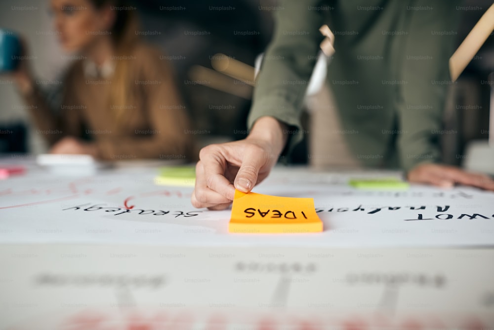 Gros plan d’une femme d’affaires créant une carte mentale sur du carton tout en réfléchissant à de nouvelles idées lors d’une réunion créative au bureau.