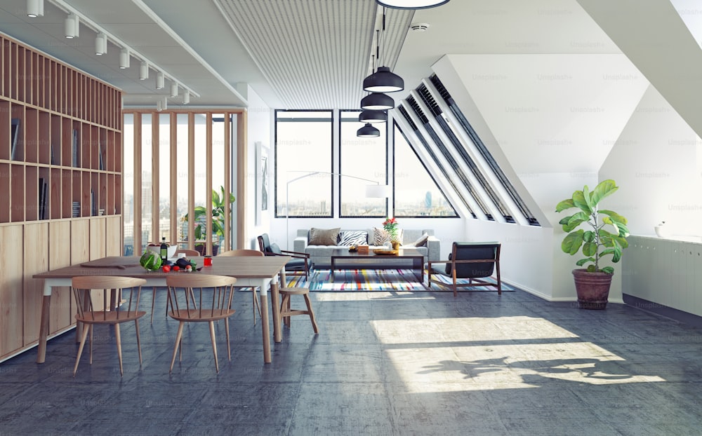 modern loft attic apartment design concept. 3d rendering illustration