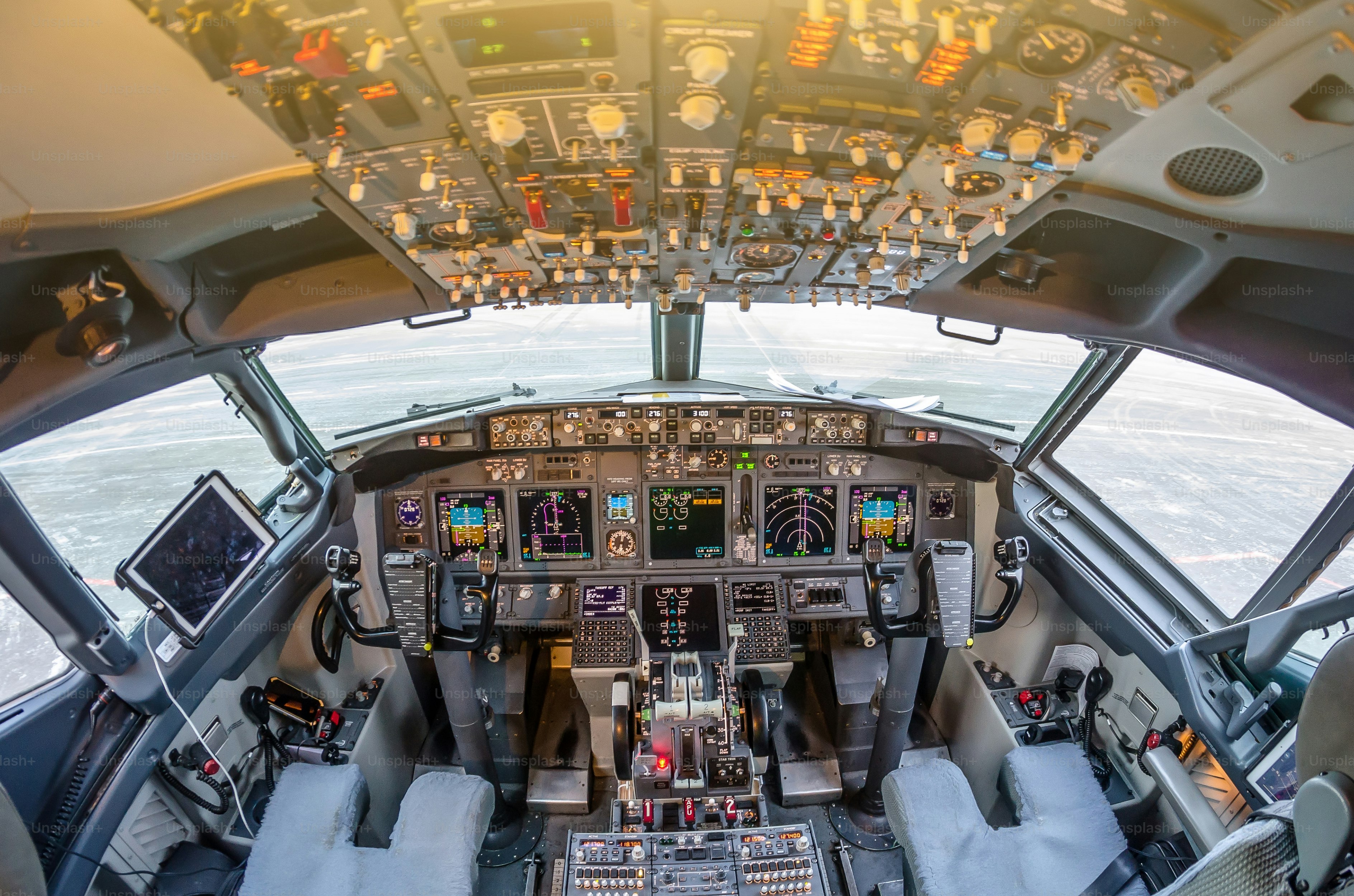 Passenger aircraft interior, engine power control and other aircraft control unit in the cockpit of modern civil passenger airplane