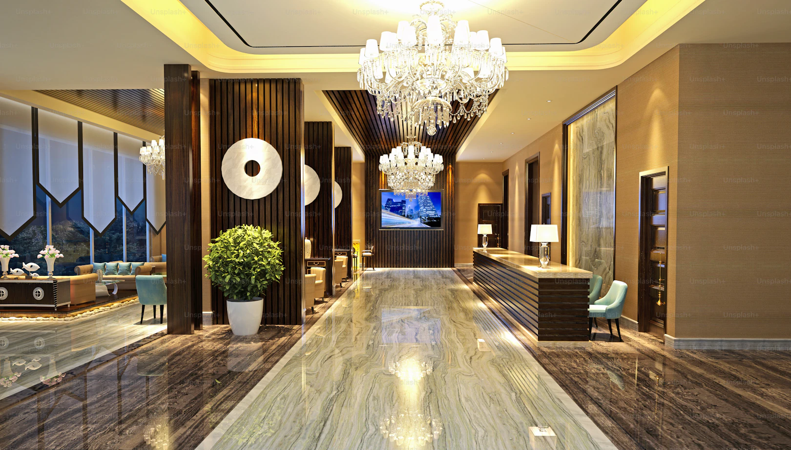 Luxury hotel lobby and reception rendered in warm neutral tones