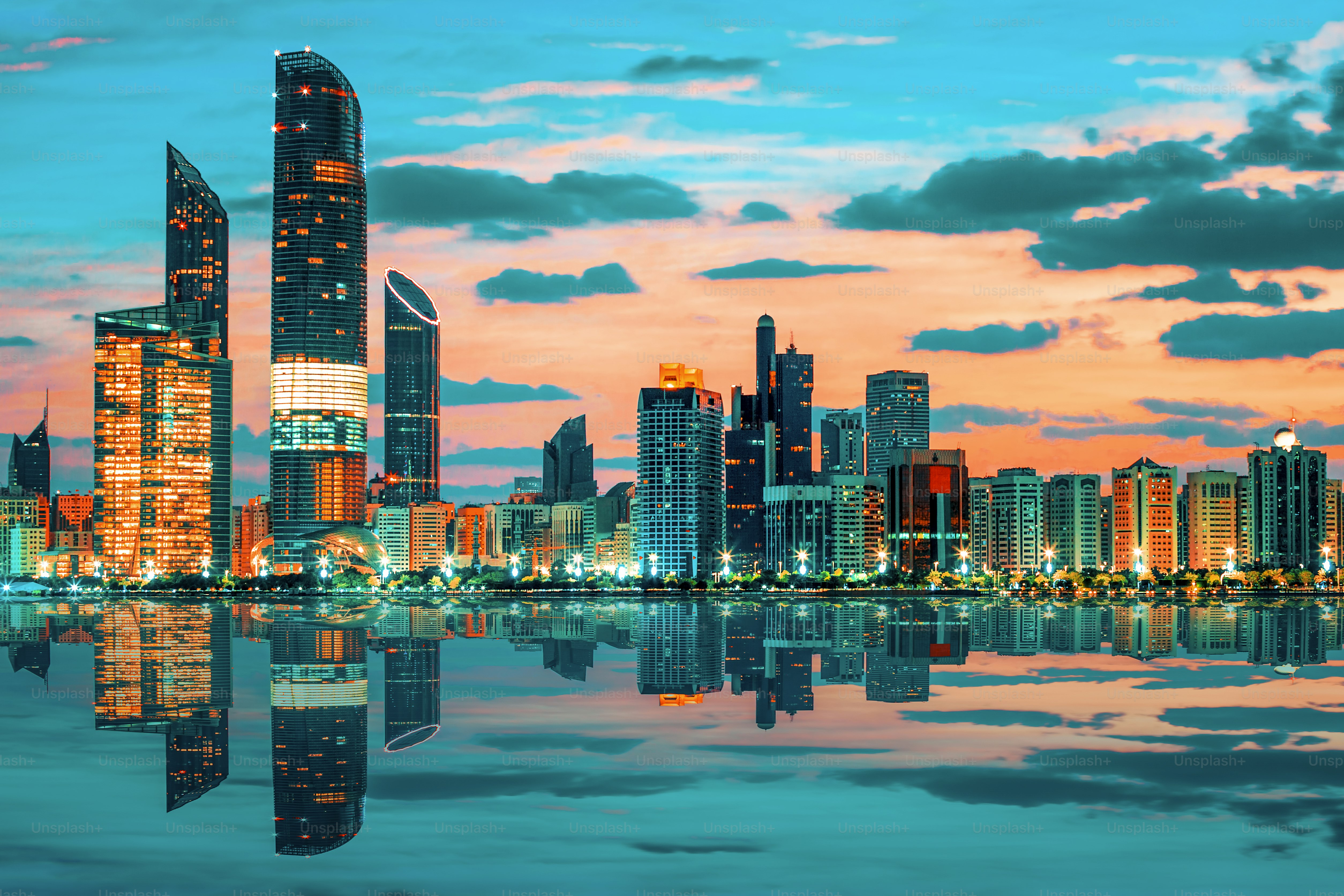View of Abu Dhabi Skyline at sunset, United Arab Emirates