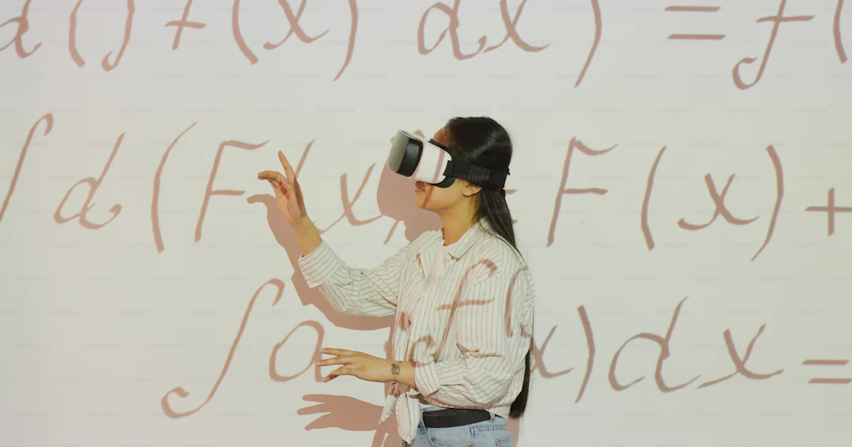 Brunette student girl in virtual reality headset pointing at projection ...