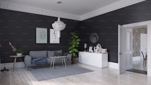 Modernes Wohnzimmer im skandinavischen Stil. 3D-Illustrationskonzept