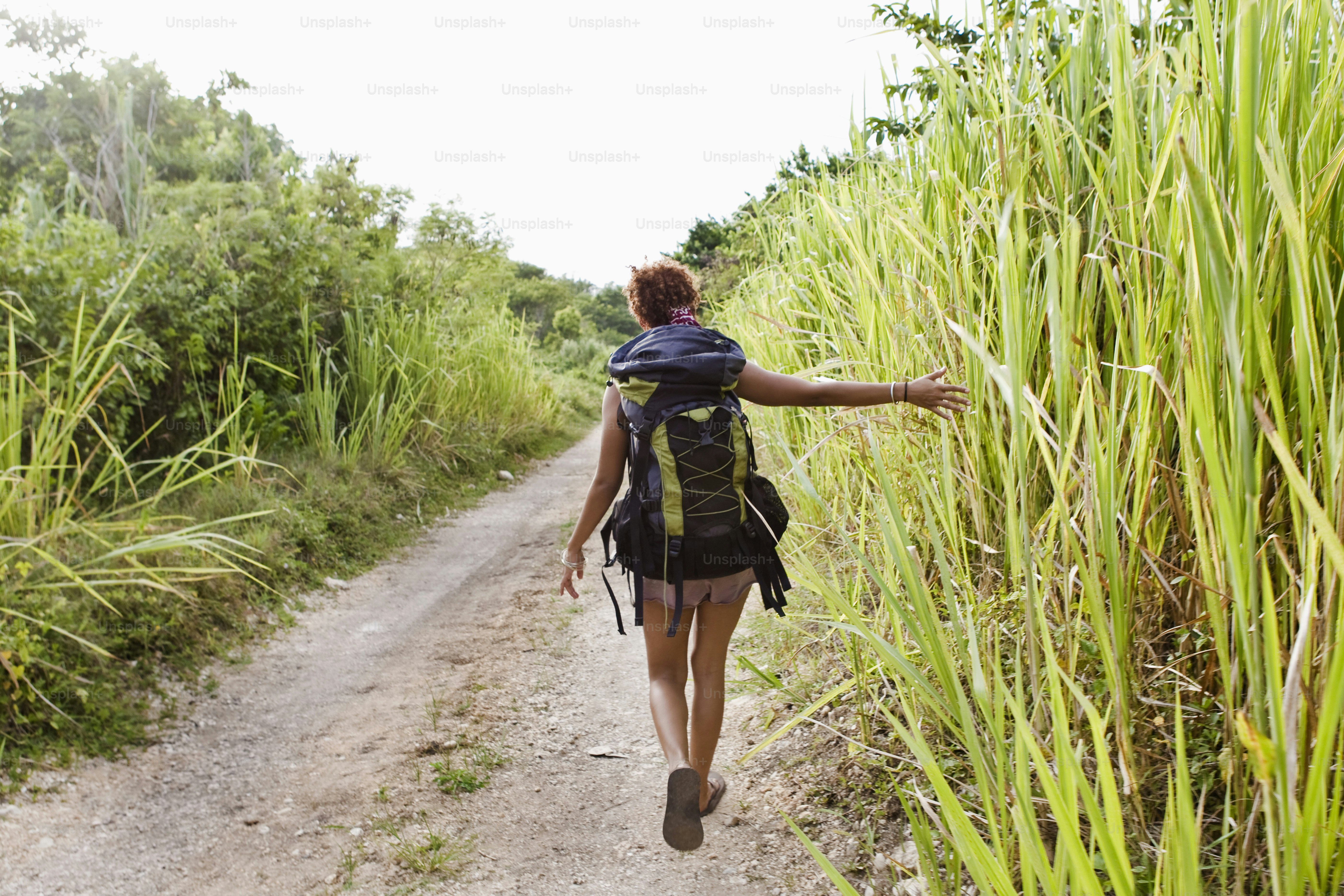 uma mulher caminhando por uma estrada de terra ao lado da grama alta