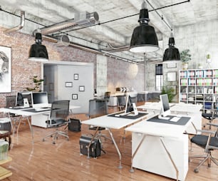 Bureau loft de coworking moderne. Concept de rendu 3D
