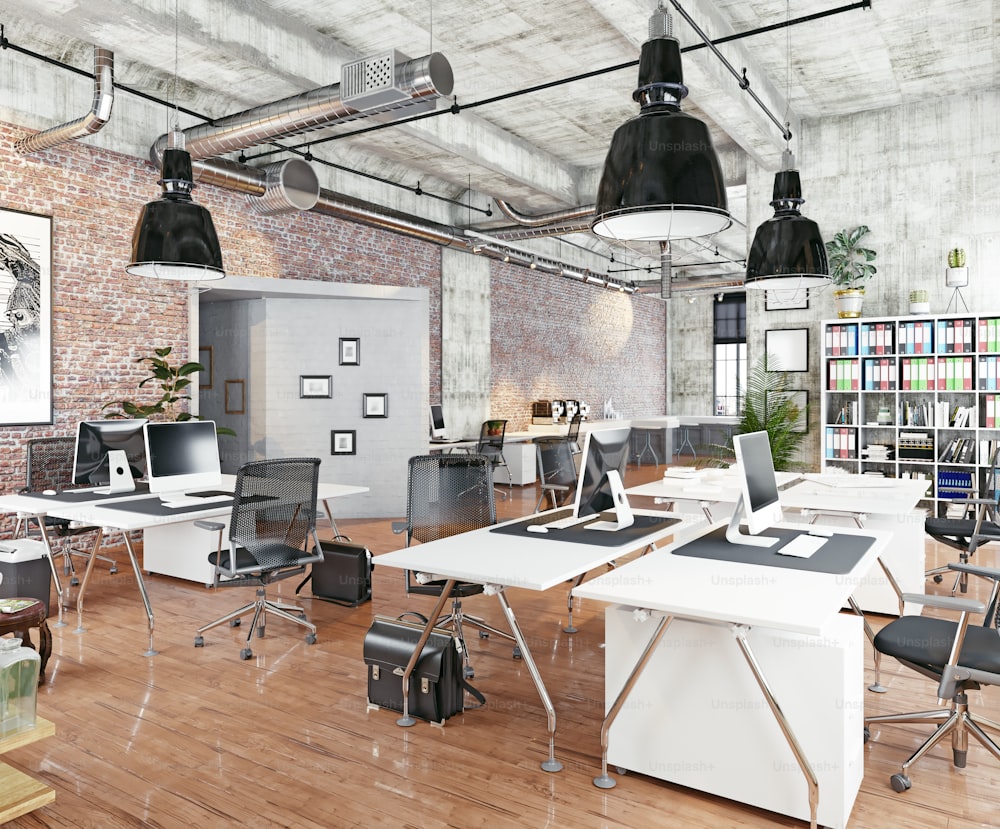 moderno ufficio loft di coworking. Concetto di rendering 3D