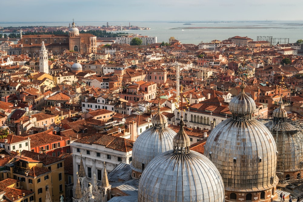 Aerial view of Venice city skyline from St. Mark's Square (Piazza San Marco) in Venice - Italy in sunny summer day. Venice is famous travel destination of Italy for its unique city and culture.